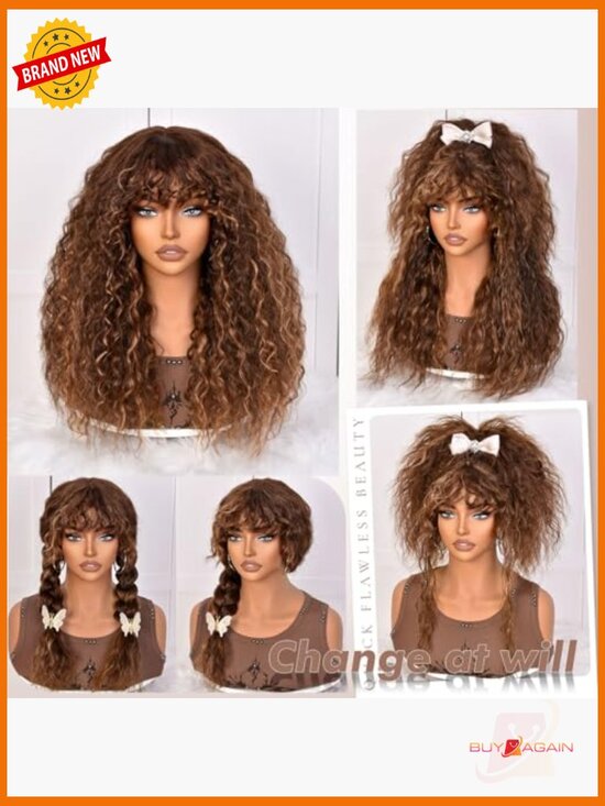 200 Density Long Curly Human Hair Wig with Bangs Glueless main image 5